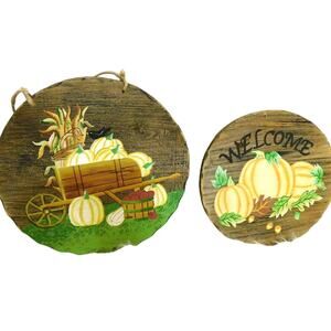 Vintage Fall Harvest Thanksgiving Wooden Plaques Handmade Set of 2